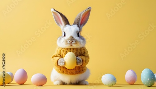 Cute easter rabbit in sweater holding an easter egg with eggs on the floor on a yellow background