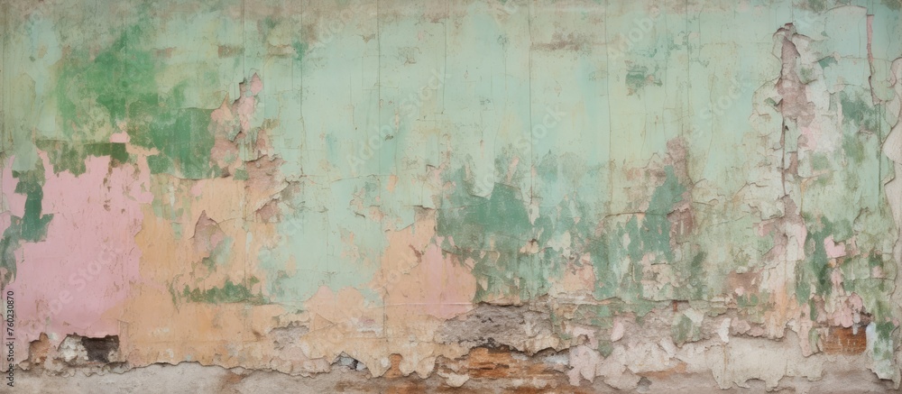 Obraz premium A detailed close up of peeling paint on a weathered wood wall, resembling a unique abstract art pattern inspired by the landscape of grass and soil