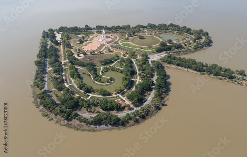 Aerial top view of Heart island in Sukhothai province, Thailand. Forest trees in nature landscape background.
