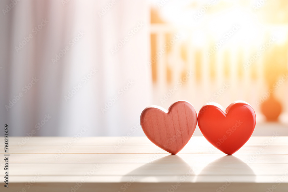 Two hearts on wooden background, Valentine's Day heart shape background concept illustration Two hearts on wooden background, Valentine's Day heart shape background concept illustration