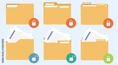 Document file lock and unlock icon, Folder file unlock with paper moving out, File folder lock concept vector illustration.