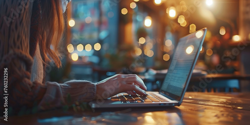 close shot of a person hand typing on a laptop in a café or home office  photo
