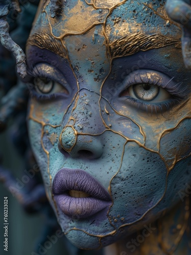 A beautiful woman with purple, blue and gold make-up