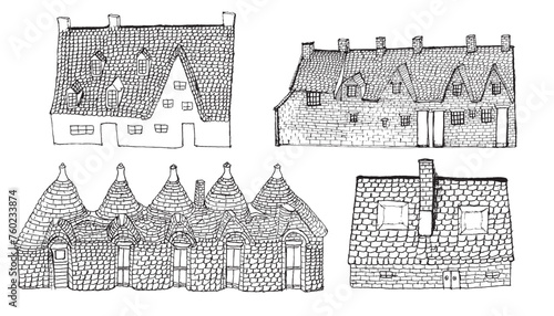 Traditional European Countryside Dwellings. Hand drawn sketch vector illustration.