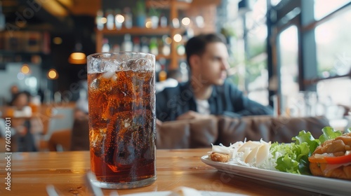 Double cool ice soft drink cola carbonated liquid fresh food with soda water, white dish on wooden table with handsome man sitting brown sofa in pizzeria restaurant. photo