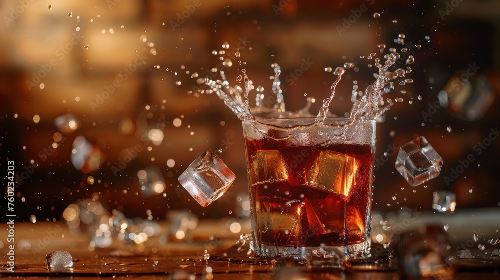 Ice cube droped in cola glass and cola splashing Ice cube droped in cola glass and cola splashing