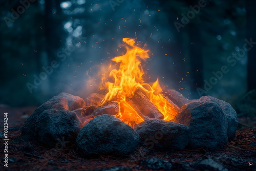 Campfire in the forest. Beautiful landscape of nature and trees. Sparks and flames. Rest by the fire. Camping in the woods. Burning firewood. 