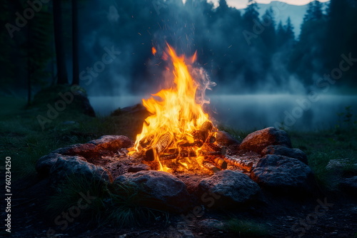 Campfire in the forest. Beautiful landscape of nature and trees. Sparks and flames. Rest by the fire. Camping in the woods. Burning firewood. 