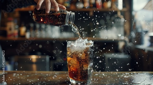 man pours a fizzy drink.sparkling water.cool ice soft drink cola photo