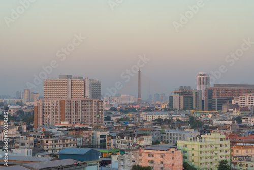 Aerial top view of Rama 8 Bridge in structure of suspension architecture concept, Urban city, Bangkok. Downtown area at sunset, Thailand. © tampatra