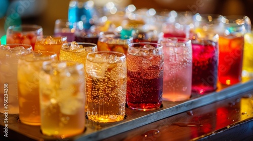 many soft drink are on a tray