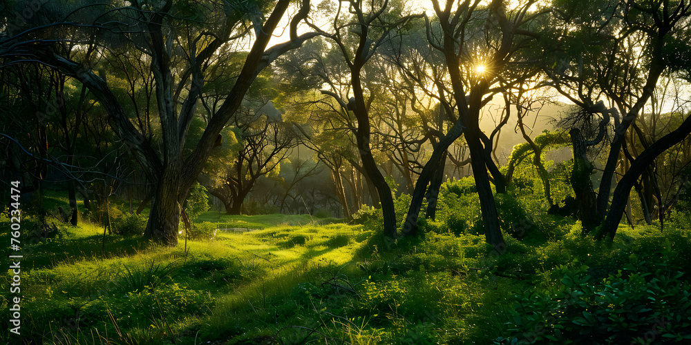 Floresta exuberante com luz solar filtrando pelos galhos