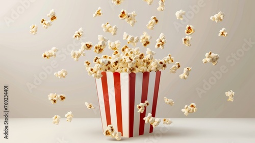 Popcorn box, Striped pop corn bucket container. Realistic vector mock up of white and red paper bucket with flying out and scatter around snack seeds,