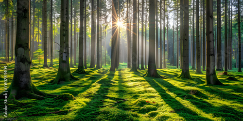 Floresta exuberante com luz solar filtrando pelos galhos photo