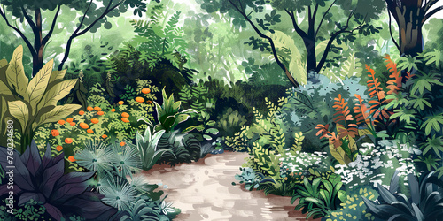 Illustration of path surrounded by weedy plants and flowers