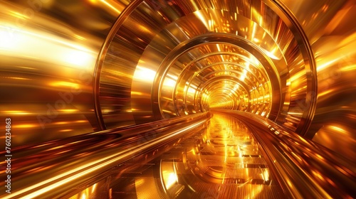 Abstract golden tunnel with dynamic motion blur, futuristic technology concept.