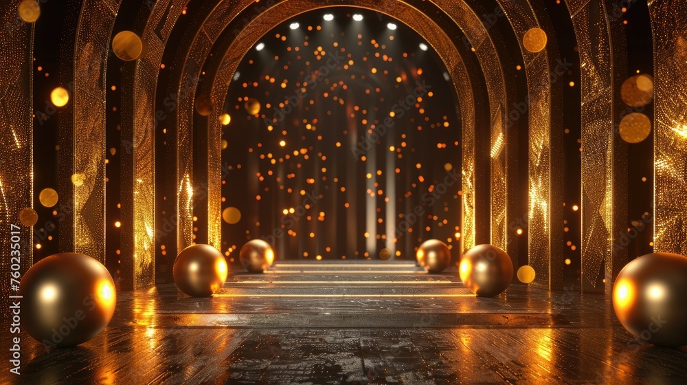 Elegant corridor with golden arches, glowing orbs, and floating sparkles, conveying a magical or festive atmosphere.