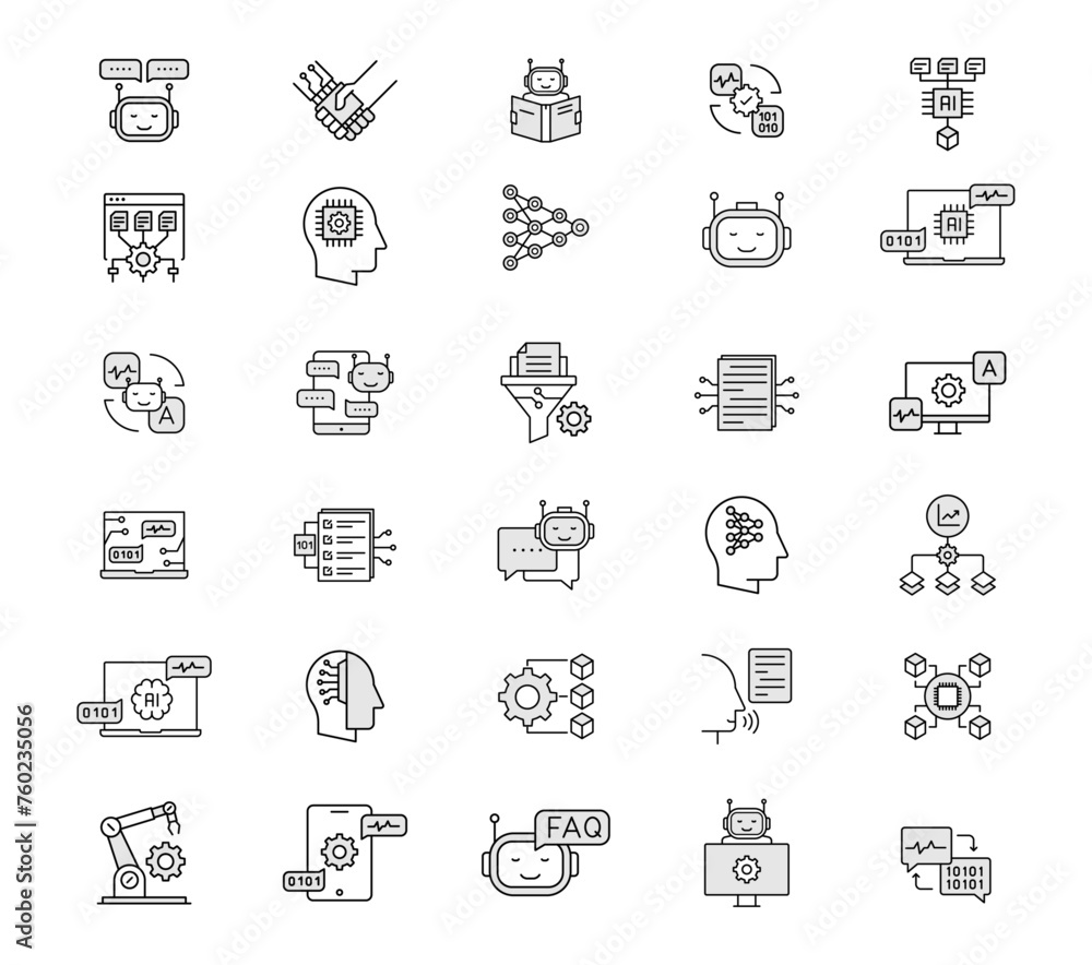 Simple Vector outline icon set of Intelligent conversation, AI, ChatGPT icon set, Machine learning icons, Deep learning icons. Thin line Smart language conversation icons. Editable stroke. 