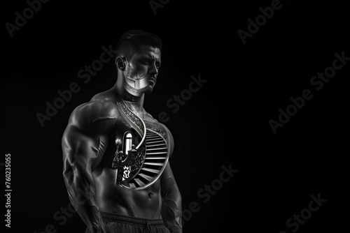 Surrealistic Portrait of a Strong and Contemplative Man, Muscular Figure Blending with a Mysterious Staircase in Black and White, Abstract Artwork with Thoughtful Concept. Free Space for Your Text.