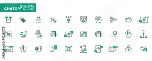 Vector icon pack of Intelligent conversation, Large language model, chatGPT, Artificial intelligent. Robot, voice conversation. Editable stroke. 