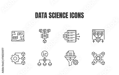 Vector icon set of Data science. Modern icon set of Data Science, Language conversation, Smart data analysis,  Editable stroke. 