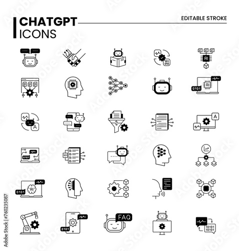 Simple Vector outline icon set of Intelligent conversation, AI, ChatGPT icon set, Machine learning icons, Deep learning icons. Thin line Smart language conversation icons. Editable stroke. 