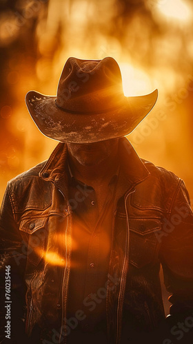 Cowboy hat, leather jacket, wild west desperado, standing outside a dusty saloon, sunset, realistic, Golden Hour, Depth of Field Bokeh Effect