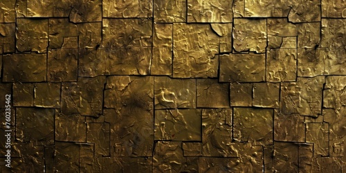 Textured gold stone wall background with uneven bricks and ambient lighting. photo