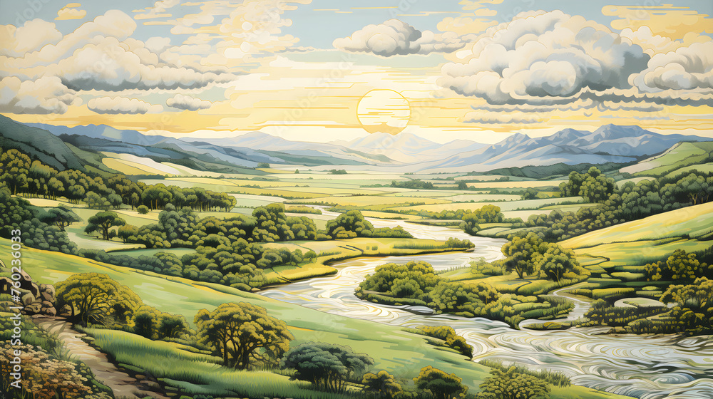 Golden Afternoon: A Serene Panorama of Lush Pastures, Rolling Hills, A Slow River and Velvet Skies