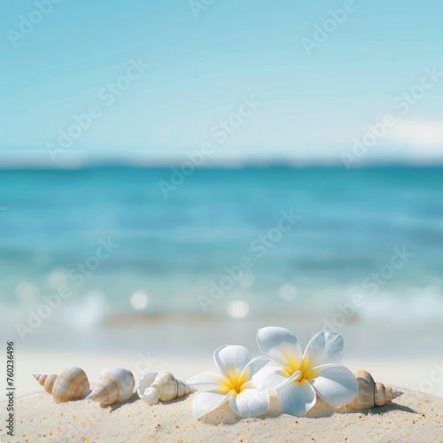 Beach with frangipani flowers and seashells on the sand