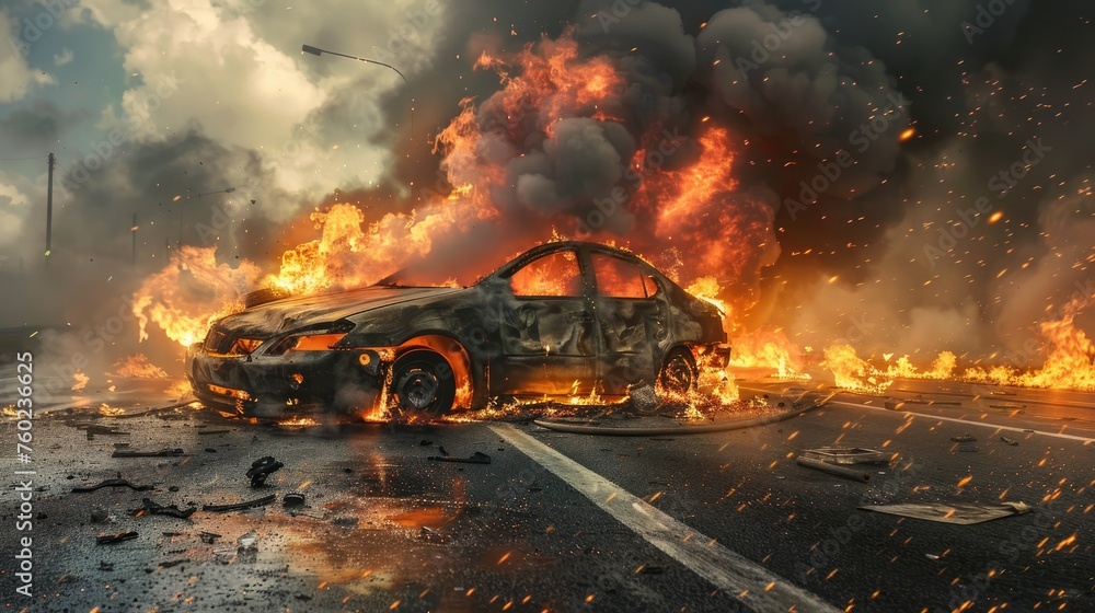 burn car on street by accident - obrazy, fototapety, plakaty 