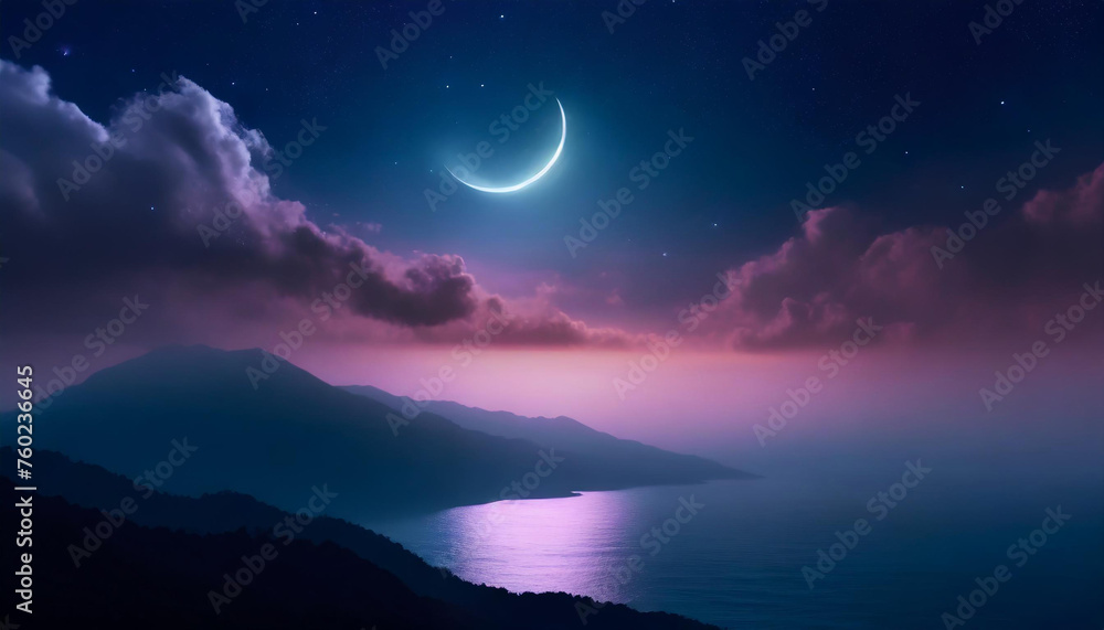 Crescents and stars with glowing clouds in a magical night sky Crescents and stars with glowing clouds in a magical night sky