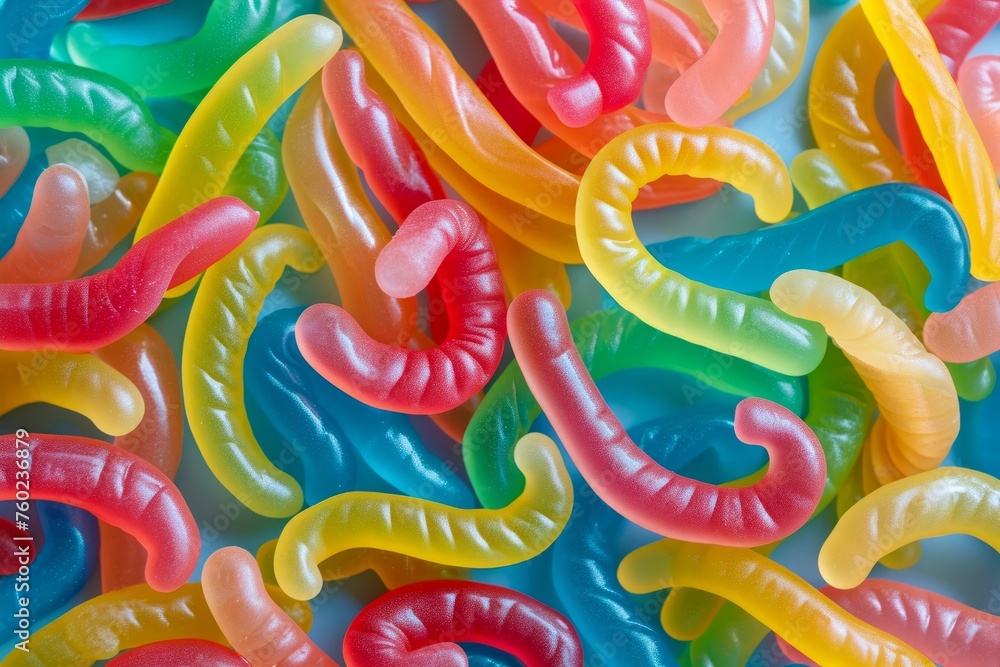 Colorful jelly worms sweets background top view. Generative AI