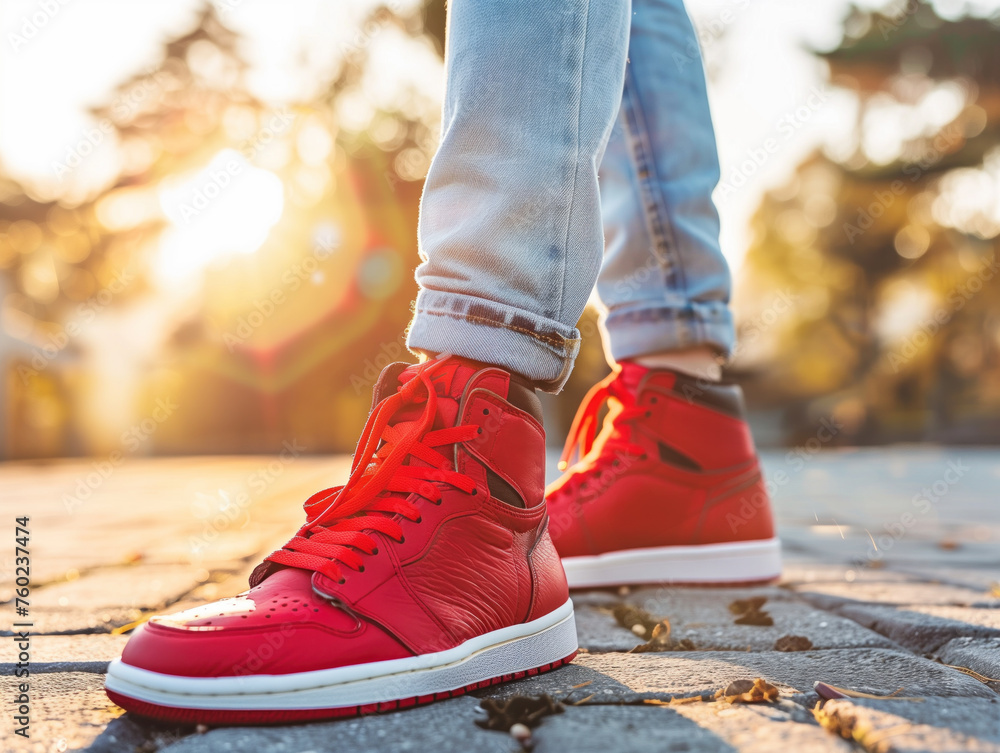 Close-up photo of legs in blue jeans and red sneakers, illuminated by sunlight.