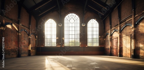 Empty vintage hall with arched windows and sunlight casting shadows on the floor.