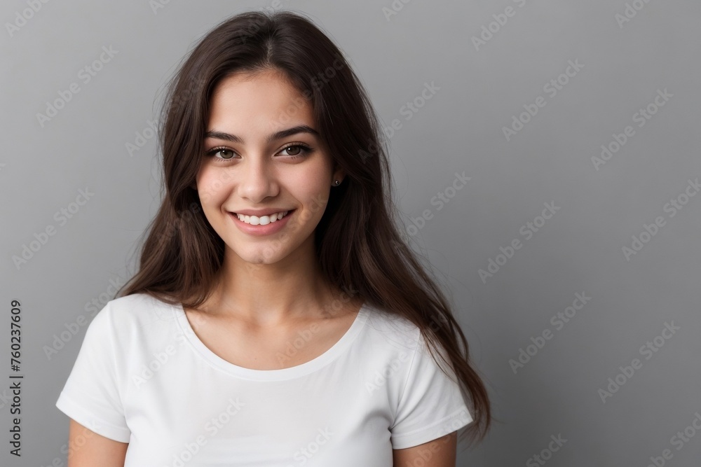 Young Brazilian woman in a white shirt, smiling and looking at the camera, standing on a grey background with copy space. Young Brazilian woman in a white shirt, smiling and looking at the camera, standing on a grey background with copy space.