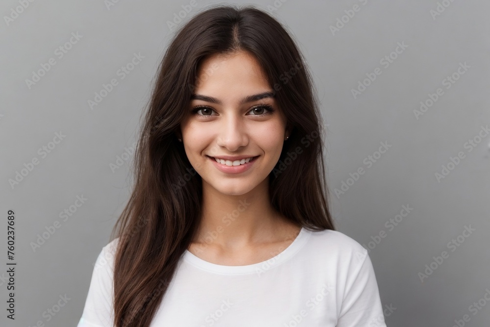 Young Brazilian woman in a white shirt, smiling and looking at the camera, standing on a grey background with copy space. Young Brazilian woman in a white shirt, smiling and looking at the camera, standing on a grey background with copy space.