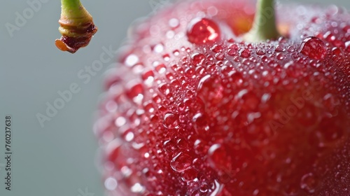A detailed photograph of a cherry stem focusing on the texture and the attachment point to the fruit photo