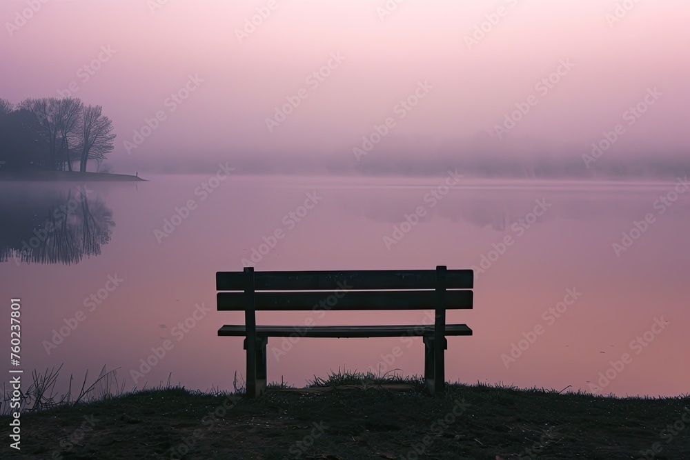 A solitary bench overlooking a misty lake at dawn inviting contemplation and peaceful thought