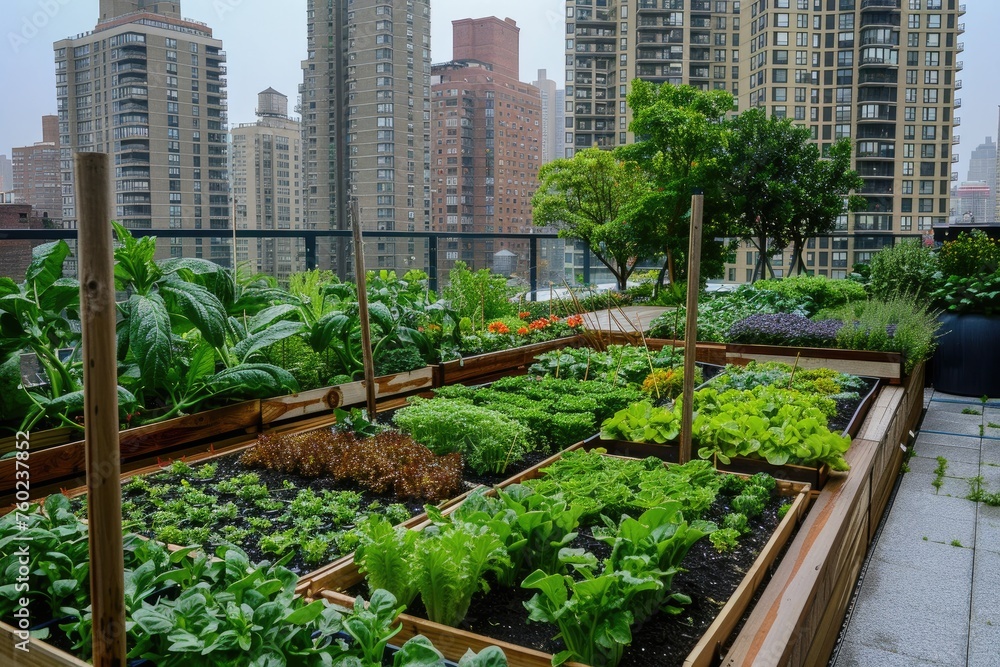 An urban rooftop garden with a variety of vegetables and herbs promoting local food An urban rooftop garden with a variety of vegetables and herbs promoting local food