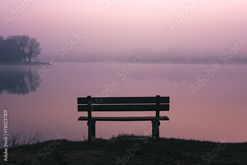 A solitary bench overlooking a misty lake at dawn inviting contemplation and peaceful thought