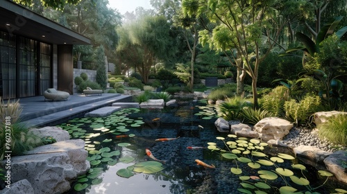 A tranquil koi pond in a meticulously designed luxury garden with traditional elements