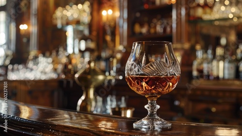 A vintage cognac in a crystal glass set against the backdrop of an old