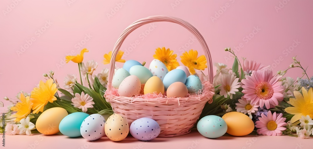 Easter basket full of easter eggs among spring flowers on a pink background