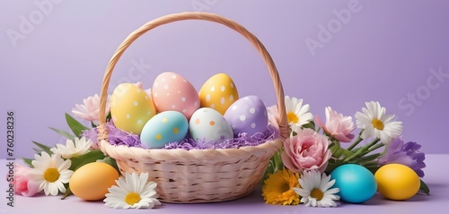 Easter basket full of easter eggs among spring flowers on a purple background