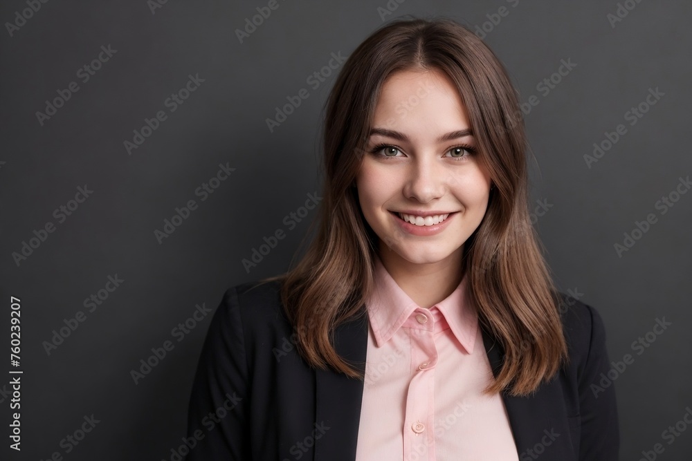 Stylish young woman wearing a pink office shirt, smiling and looking at the camera, standing on a dark grey background with copy space. Stylish young woman wearing a pink office shirt, smiling and looking at the camera, standing on a dark grey background with copy space.