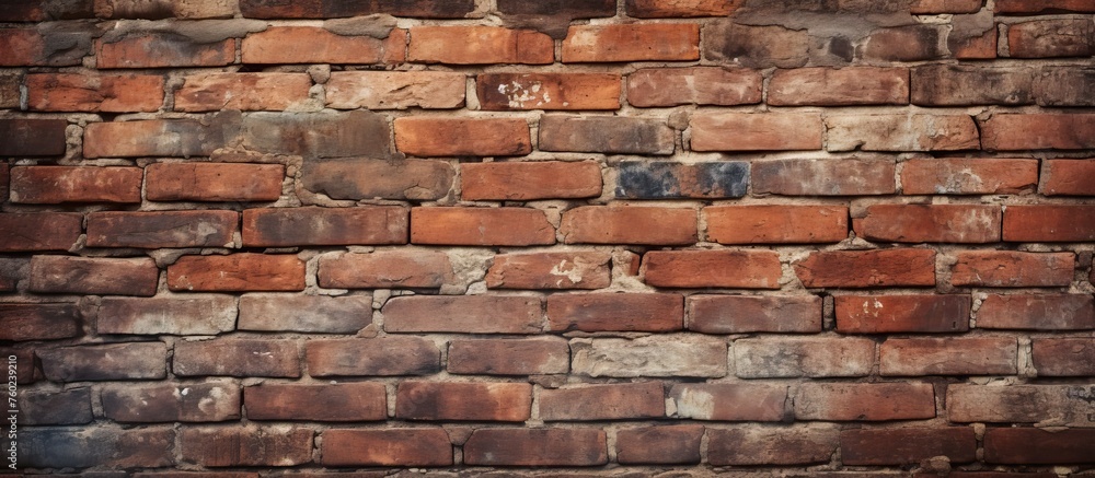 Fototapeta premium A detailed closeup of a brown brick wall showcasing the rectangular shape of the individual bricks. The brickwork is a composite building material commonly used in stone walls