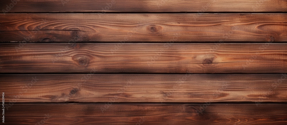 Obraz premium A closeup of a brown hardwood plank wall with a wood stain and varnish finish. The lumber creates a beautiful pattern with tints and shades in the flooring