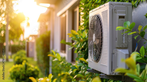 Air compressor heat pump installed in residential building. Sustainable and clean energy at home.