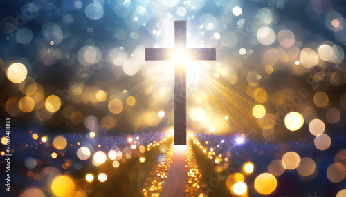 Glowing Cross with Sparkling Bokeh Background